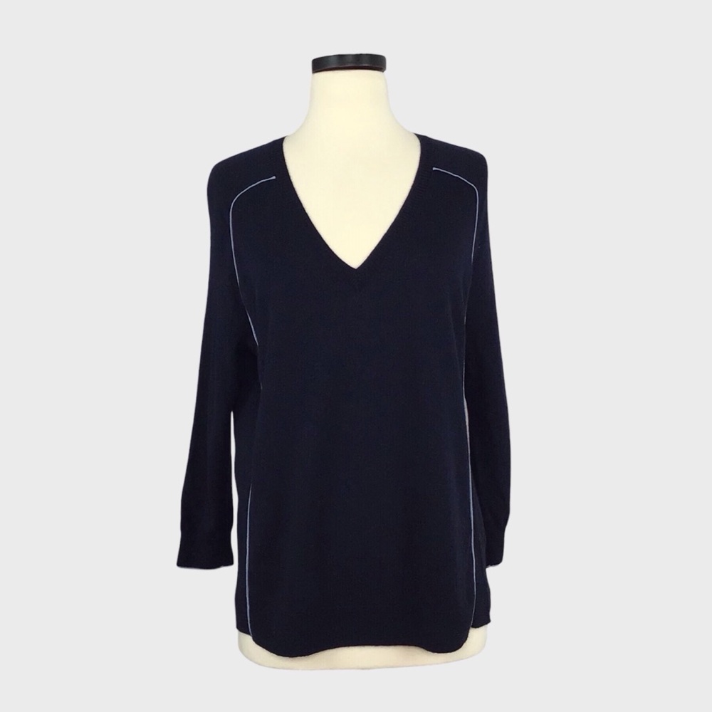 J Crew Navy Wool Blend V-Neck Sweater with Contrast Piping